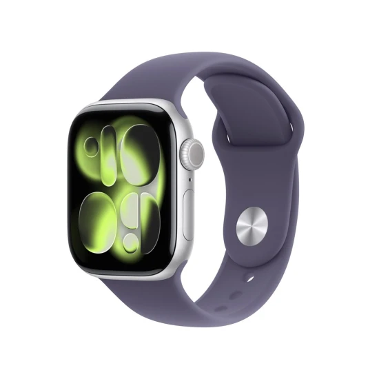 Apple Watch Series 11 GPS + Cellular 42 mm, obudowa z aluminium w kolorze srebrnym z fioletowym paskiem sportowym – M/L