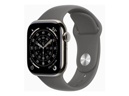 Apple Watch Series 11 GPS + Cellular 42 mm z kopertą w kolorze naturalnego tytanu i paskiem sportowym w kolorze kamiennej szarości – rozmiar M/L