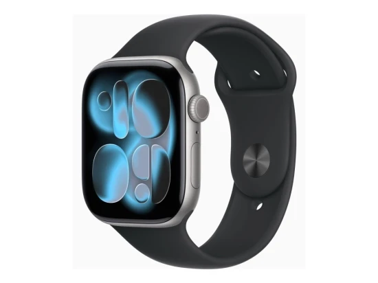 Apple Watch Series 11 GPS + Cellular 46 mm, obudowa z aluminium w kolorze gwiezdnej szarości z czarnym paskiem sportowym – rozmiar S/M